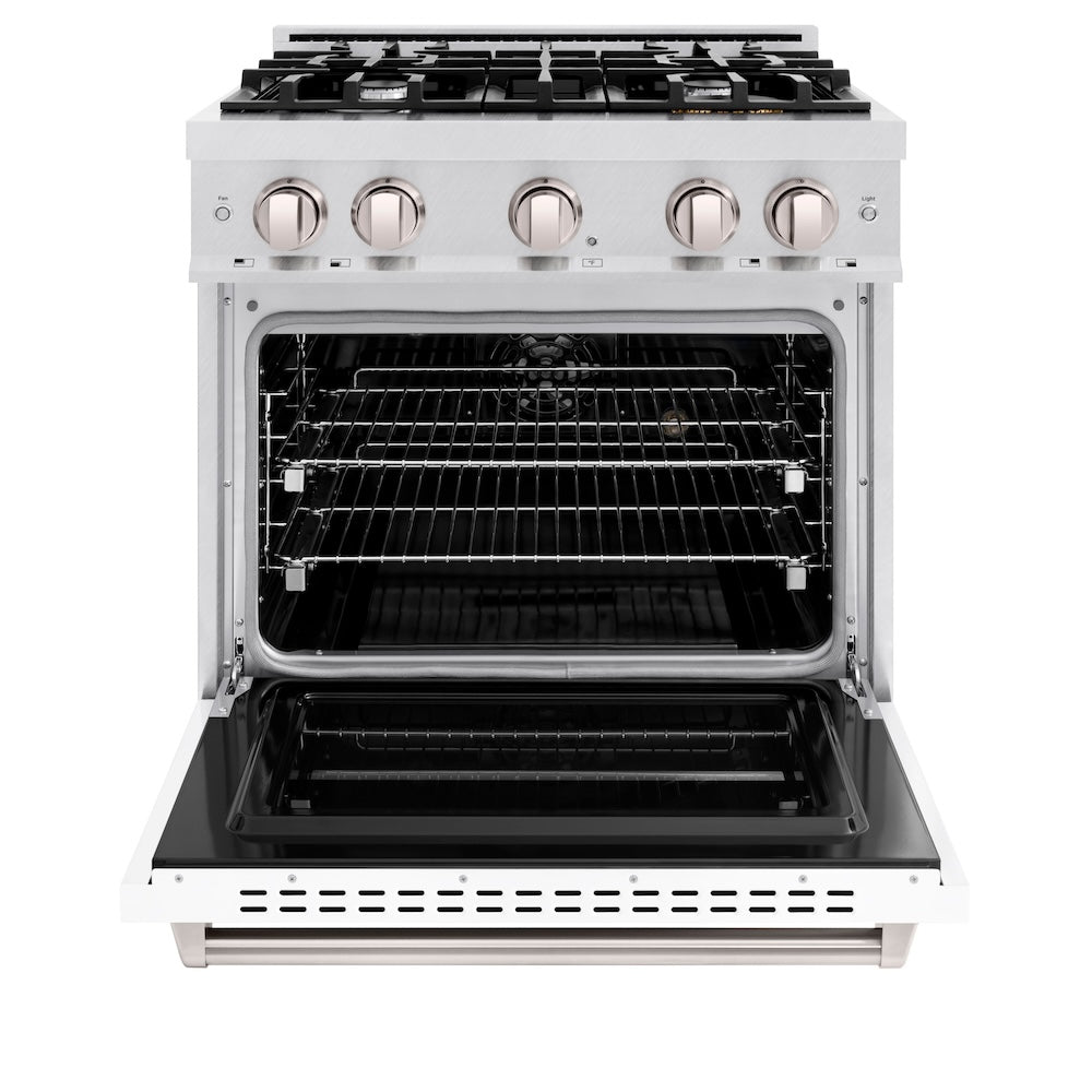 ZLINE 30 in. 4.2 cu. ft. Classic Dual Fuel Range with 4 Burner Gas Cooktop and Electric Convection Oven in Satin Stainless Steel with White Matte Door (CDRS-WM-30) front, oven open.