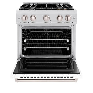 ZLINE 30 in. 4.2 cu. ft. Classic Dual Fuel Range with 4 Burner Gas Cooktop and Electric Convection Oven in Satin Stainless Steel with White Matte Door (CDRS-WM-30) front, oven open.