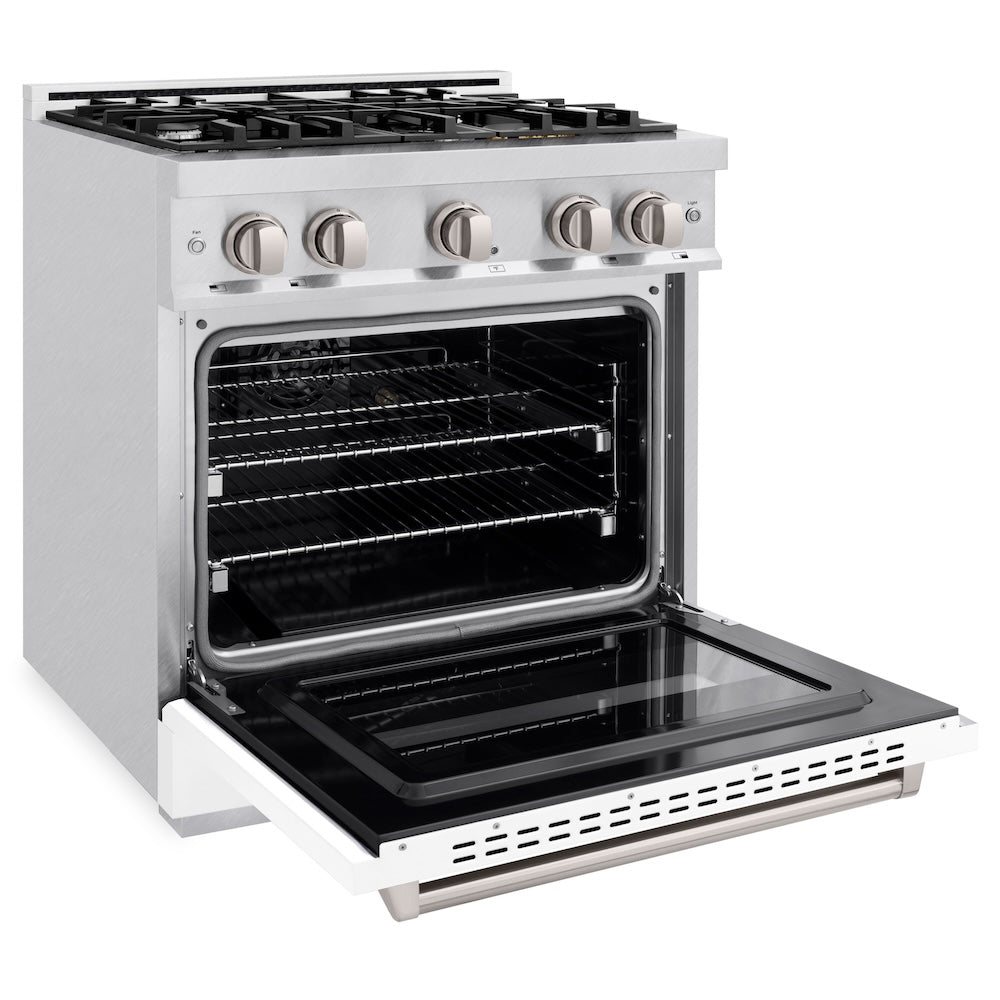 ZLINE 30 in. 4.2 cu. ft. Classic Dual Fuel Range with 4 Burner Gas Cooktop and Electric Convection Oven in Satin Stainless Steel with White Matte Door (CDRS-WM-30) side, oven open.