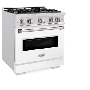 ZLINE 30 in. 4.2 cu. ft. Classic Dual Fuel Range with 4 Burner Gas Cooktop and Electric Convection Oven in Satin Stainless Steel with White Matte Door (CDRS-WM-30) side, oven closed.