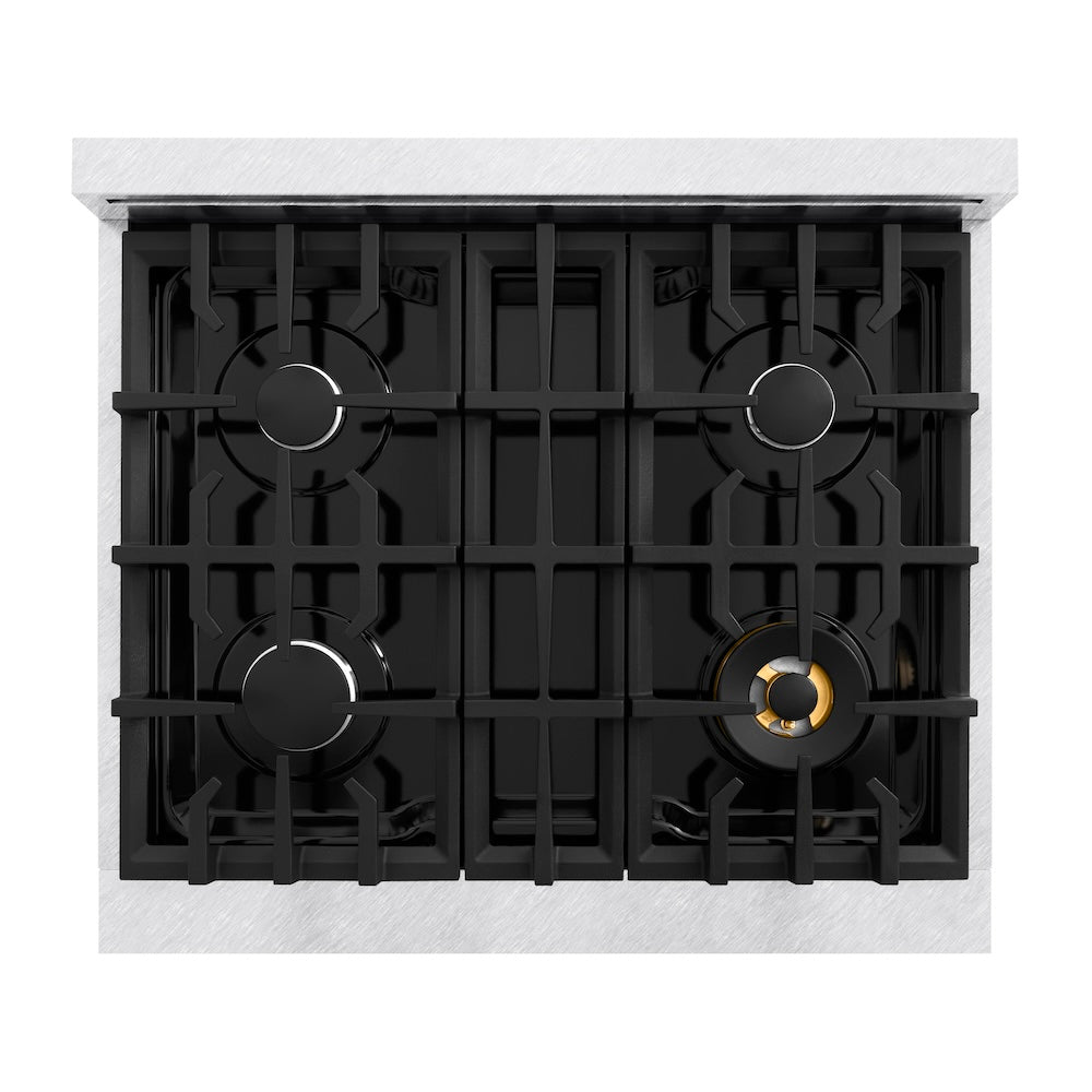 ZLINE 30 in. 4.2 cu. ft. Classic Dual Fuel Range with 4 Burner Gas Cooktop and Electric Convection Oven in Satin Stainless Steel with White Matte Door (CDRS-WM-30) top-down, above cooktop.