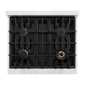 ZLINE 30 in. 4.2 cu. ft. Classic Dual Fuel Range with 4 Burner Gas Cooktop and Electric Convection Oven in Satin Stainless Steel with White Matte Door (CDRS-WM-30) top-down, above cooktop.