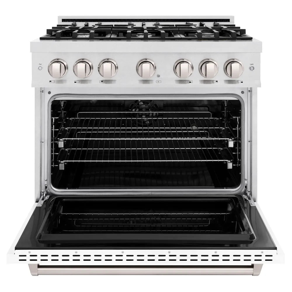 ZLINE 36 in. 5.2 cu. ft. Classic Dual Fuel Range with 6 Burner Gas Cooktop and Electric Convection Oven in Satin Stainless Steel with White Matte Door (CDRS-WM-36) front, oven open.