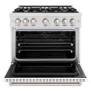 ZLINE 36 in. 5.2 cu. ft. Classic Dual Fuel Range with 6 Burner Gas Cooktop and Electric Convection Oven in Satin Stainless Steel with White Matte Door (CDRS-WM-36) front, oven open.
