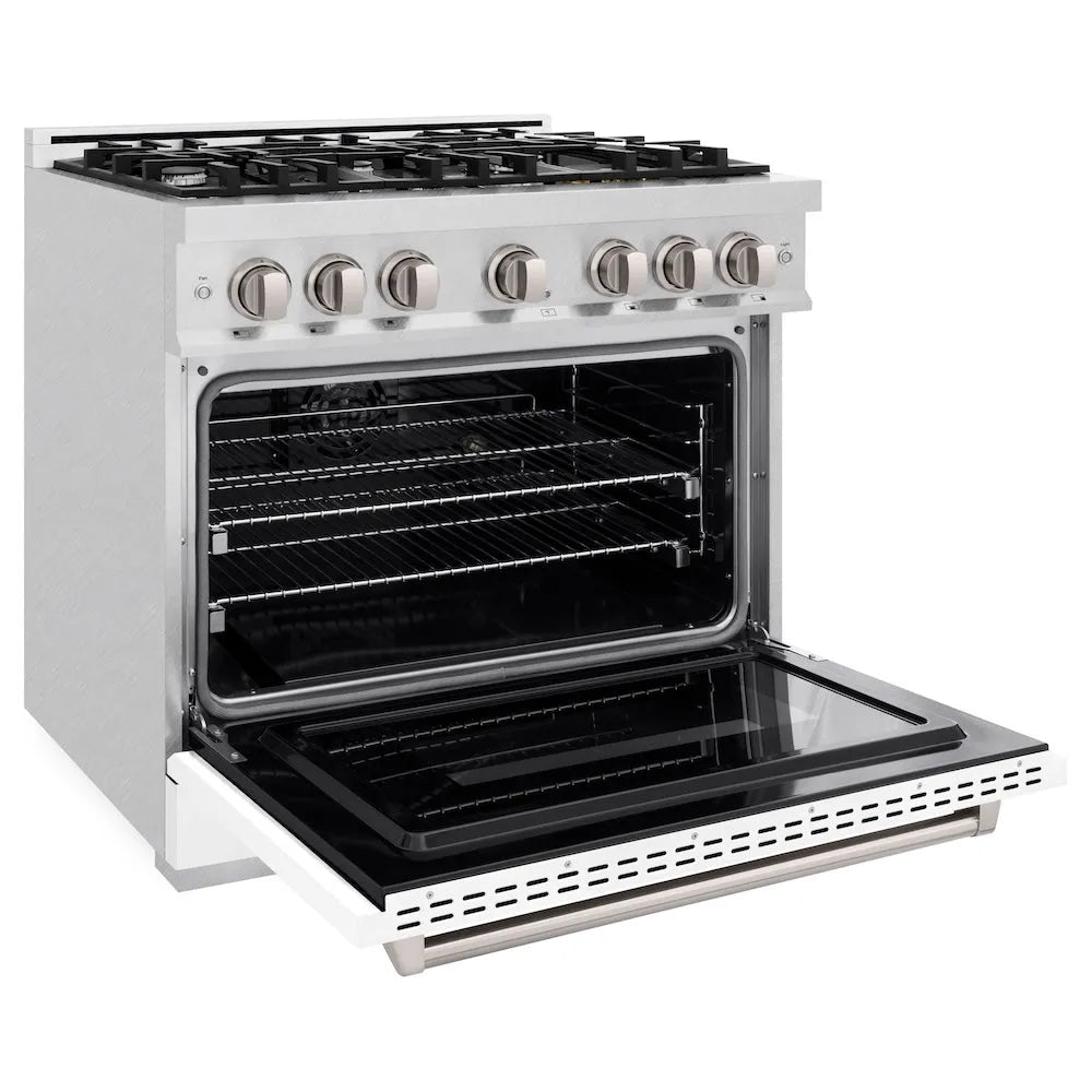 ZLINE 36 in. 5.2 cu. ft. Classic Dual Fuel Range with 6 Burner Gas Cooktop and Electric Convection Oven in Satin Stainless Steel with White Matte Door (CDRS-WM-36) side, oven open.
