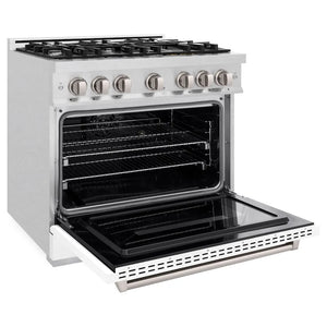 ZLINE 36 in. 5.2 cu. ft. Classic Dual Fuel Range with 6 Burner Gas Cooktop and Electric Convection Oven in Satin Stainless Steel with White Matte Door (CDRS-WM-36) side, oven open.