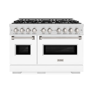 ZLINE 48 in. 6.7 cu. ft. Classic Double Oven Dual Fuel Range with 8 Burner Gas Cooktop in Satin Stainless Steel with White Matte Doors (CDRS-WM-48) front, oven closed.