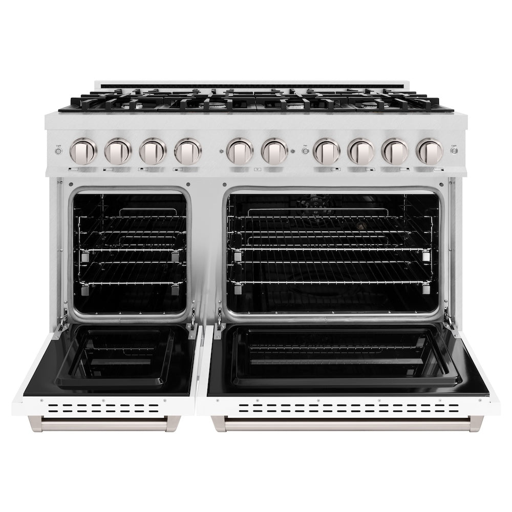 ZLINE 48 in. 6.7 cu. ft. Classic Double Oven Dual Fuel Range with 8 Burner Gas Cooktop in Satin Stainless Steel with White Matte Doors (CDRS-WM-48) front, oven open.