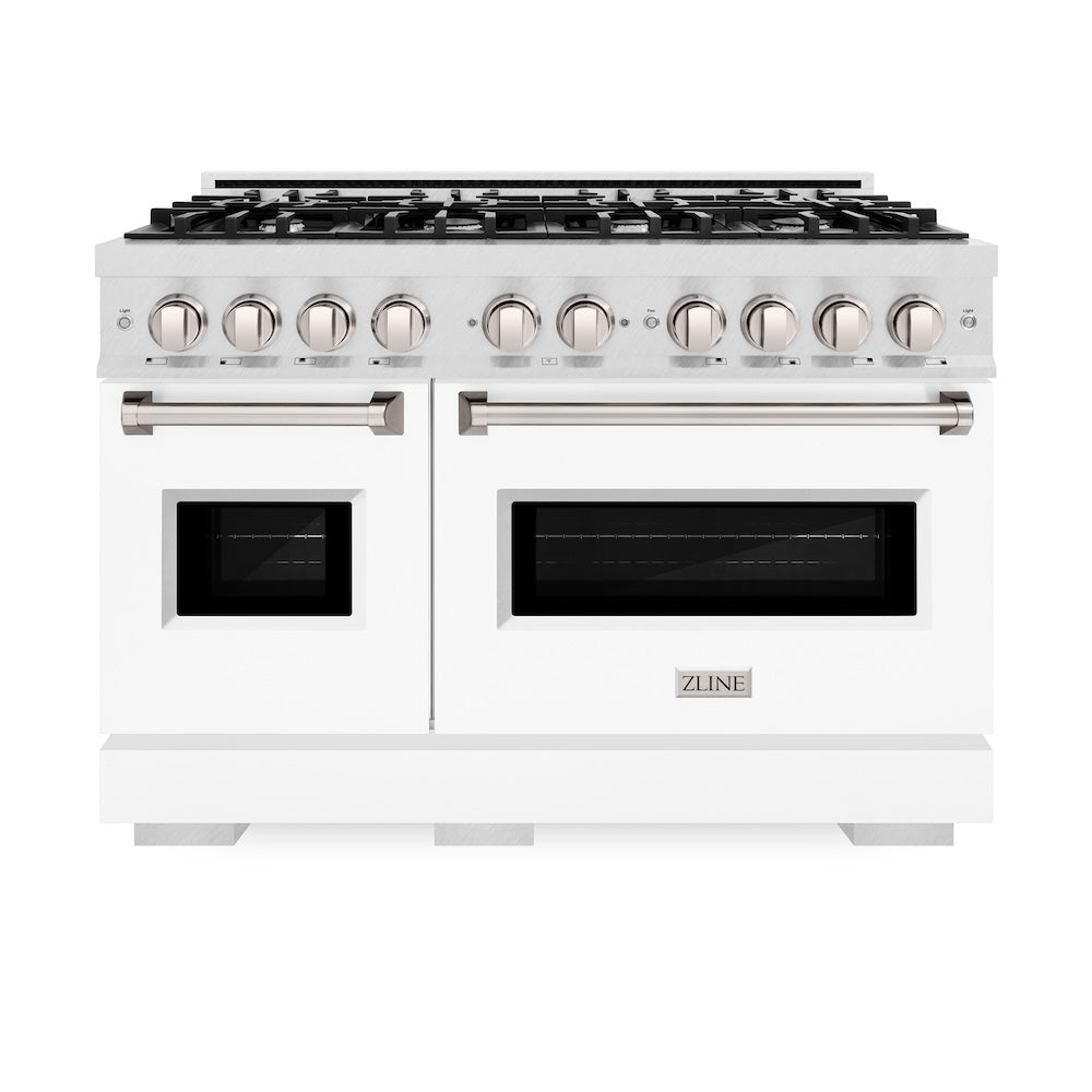 ZLINE 48 in. 6.7 cu. ft. Classic Double Oven Dual Fuel Range with 8 Burner Gas Cooktop in Satin Stainless Steel with White Matte Doors (CDRS-WM-48) front, oven closed.