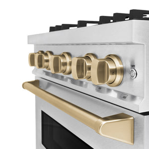 ZLINE Autograph Edition 30 in. 4.2 cu. ft. Classic Dual Fuel Range with 4 Burner Gas Cooktop and Electric Convection Oven in Satin Stainless Steel with Champagne Bronze Accents (CDRSZ-30-CB) handles and knobs on a white background