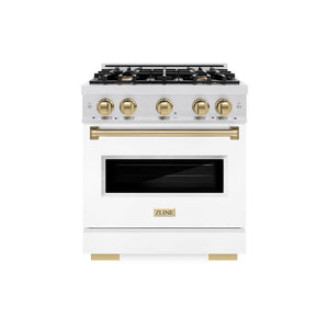 ZLINE Autograph Edition 30 in. 4.2 cu. ft. Classic Dual Fuel Range with 4 Burner Gas Cooktop and Electric Convection Oven in Satin Stainless Steel with White Matte Door and Champagne Bronze Accents (CDRSZ-WM-30-CB)