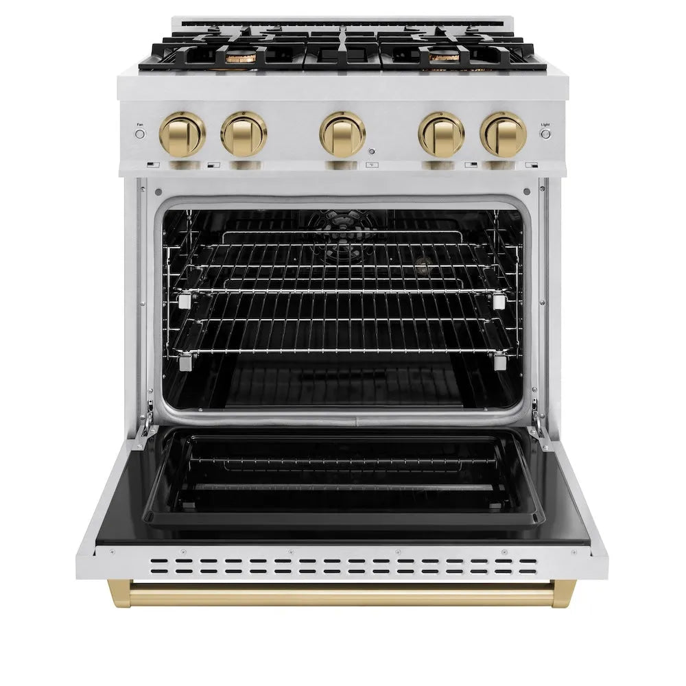 ZLINE Autograph Edition 30 in. 4.2 cu. ft. Classic Dual Fuel Range with 4 Burner Gas Cooktop and Electric Convection Oven in Satin Stainless Steel with Champagne Bronze Accents (CDRSZ-30-CB) front, oven open.