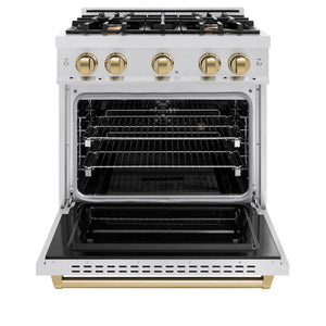 ZLINE Autograph Edition 30 in. 4.2 cu. ft. Classic Dual Fuel Range with 4 Burner Gas Cooktop and Electric Convection Oven in Satin Stainless Steel with Champagne Bronze Accents (CDRSZ-30-CB) front, oven open.