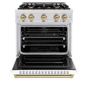 ZLINE Autograph Edition 30 in. 4.2 cu. ft. Classic Dual Fuel Range with 4 Burner Gas Cooktop and Electric Convection Oven in Satin Stainless Steel with White Matte Door and Champagne Bronze Accents (CDRSZ-WM-30-CB) front, oven open.