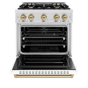 ZLINE Autograph Edition 30 in. 4.2 cu. ft. Classic Dual Fuel Range with 4 Burner Gas Cooktop and Electric Convection Oven in Satin Stainless Steel with White Matte Door and Champagne Bronze Accents (CDRSZ-WM-30-CB) front, oven open.