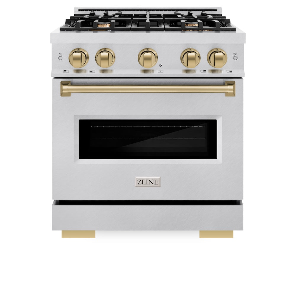 ZLINE Autograph Edition 30 in. 4.2 cu. ft. Classic Dual Fuel Range with 4 Burner Gas Cooktop and Electric Convection Oven in Satin Stainless Steel with Champagne Bronze Accents (CDRSZ-30-CB) front, oven closed.