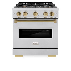 ZLINE Autograph Edition 30 in. 4.2 cu. ft. Classic Dual Fuel Range with 4 Burner Gas Cooktop and Electric Convection Oven in Satin Stainless Steel with Champagne Bronze Accents (CDRSZ-30-CB) front, oven closed.