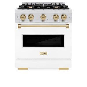 ZLINE Autograph Edition 30 in. 4.2 cu. ft. Classic Dual Fuel Range with 4 Burner Gas Cooktop and Electric Convection Oven in Satin Stainless Steel with White Matte Door and Champagne Bronze Accents (CDRSZ-WM-30-CB) front, oven closed.