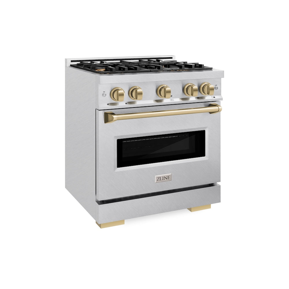 ZLINE Autograph Edition 30 in. 4.2 cu. ft. Classic Dual Fuel Range with 4 Burner Gas Cooktop and Electric Convection Oven in Satin Stainless Steel with Champagne Bronze Accents (CDRSZ-30-CB) side.