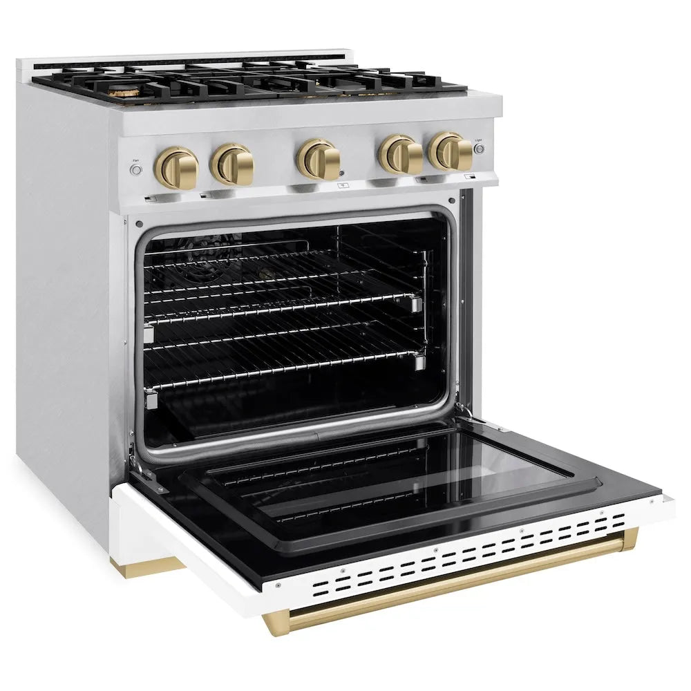 ZLINE Autograph Edition 30 in. 4.2 cu. ft. Classic Dual Fuel Range with 4 Burner Gas Cooktop and Electric Convection Oven in Satin Stainless Steel with White Matte Door and Champagne Bronze Accents (CDRSZ-WM-30-CB) side, oven open.