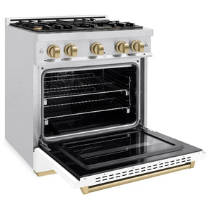 ZLINE Autograph Edition 30 in. 4.2 cu. ft. Classic Dual Fuel Range with 4 Burner Gas Cooktop and Electric Convection Oven in Satin Stainless Steel with White Matte Door and Champagne Bronze Accents (CDRSZ-WM-30-CB) side, oven open.