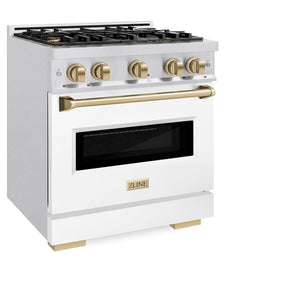 ZLINE Autograph Edition 30 in. 4.2 cu. ft. Classic Dual Fuel Range with 4 Burner Gas Cooktop and Electric Convection Oven in Satin Stainless Steel with White Matte Door and Champagne Bronze Accents (CDRSZ-WM-30-CB) side, oven closed.