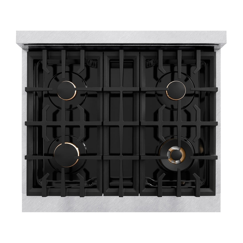 ZLINE Autograph Edition 30 in. 4.2 cu. ft. Classic Dual Fuel Range with 4 Burner Gas Cooktop and Electric Convection Oven in Satin Stainless Steel with Champagne Bronze Accents (CDRSZ-30-CB) top-down, above cooktop.