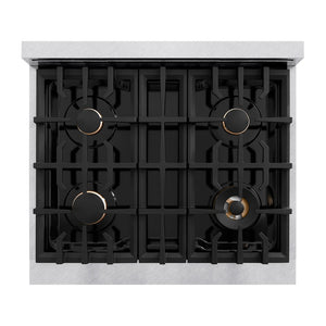 ZLINE Autograph Edition 30 in. 4.2 cu. ft. Classic Dual Fuel Range with 4 Burner Gas Cooktop and Electric Convection Oven in Satin Stainless Steel with Champagne Bronze Accents (CDRSZ-30-CB) top-down, above cooktop.