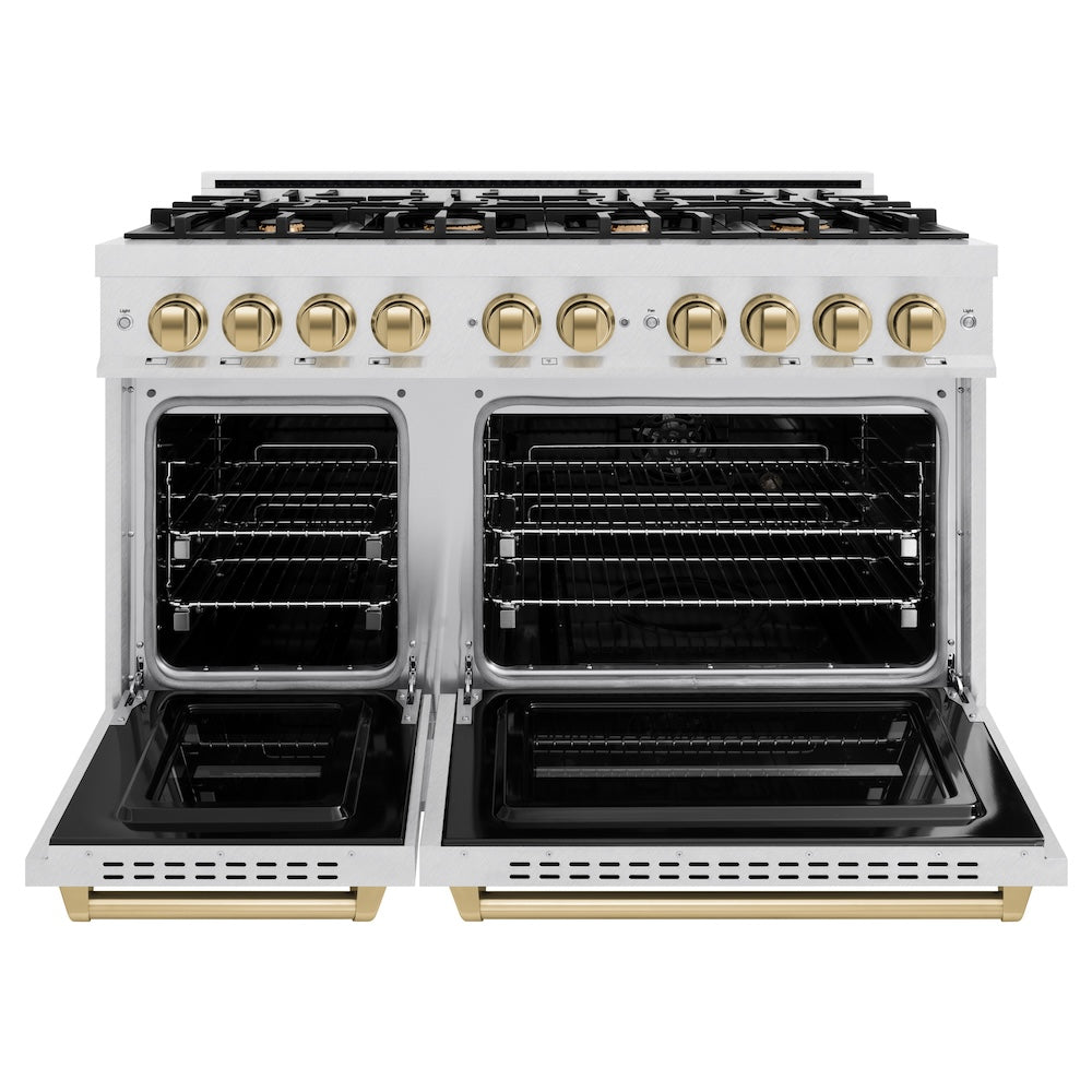 ZLINE Autograph Edition 48 in. 6.7 cu. ft. Classic Double Oven Dual Fuel Range with 8 Burner Gas Cooktop in Satin Stainless Steel and Champagne Bronze Accents (CDRSZ-48-CB) front, oven open.