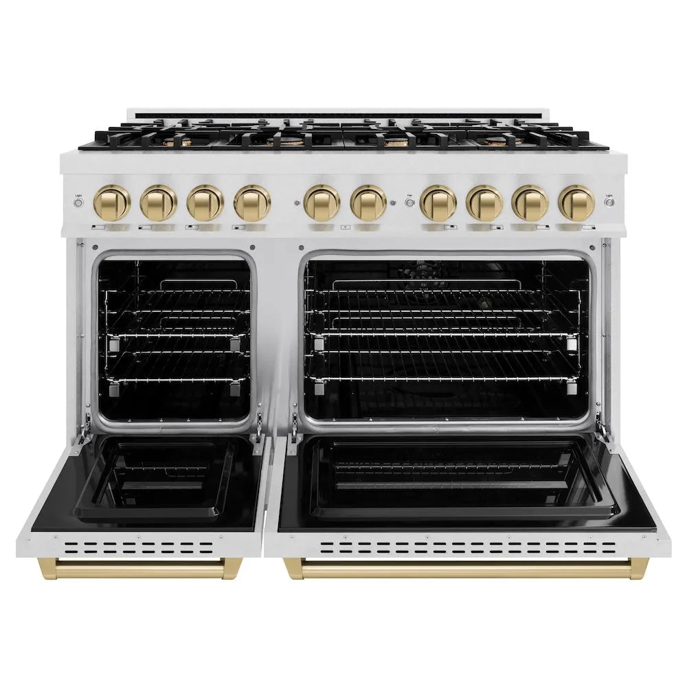 ZLINE Autograph Edition 48 in. 6.7 cu. ft. Classic Double Oven Dual Fuel Range with 8 Burner Gas Cooktop in Satin Stainless Steel and Champagne Bronze Accents (CDRSZ-48-CB) front, oven open.