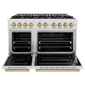 ZLINE Autograph Edition 48 in. 6.7 cu. ft. Classic Double Oven Dual Fuel Range with 8 Burner Gas Cooktop in Satin Stainless Steel and Champagne Bronze Accents (CDRSZ-48-CB) front, oven open.