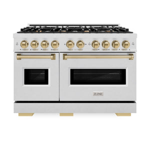 ZLINE Autograph Edition 48 in. 6.7 cu. ft. Classic Double Oven Dual Fuel Range with 8 Burner Gas Cooktop in Satin Stainless Steel and Champagne Bronze Accents (CDRSZ-48-CB) front, oven closed.