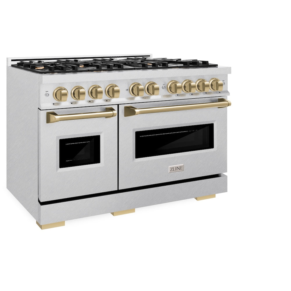 ZLINE Autograph Edition 48 in. 6.7 cu. ft. Classic Double Oven Dual Fuel Range with 8 Burner Gas Cooktop in Satin Stainless Steel and Champagne Bronze Accents (CDRSZ-48-CB) side, oven closed.