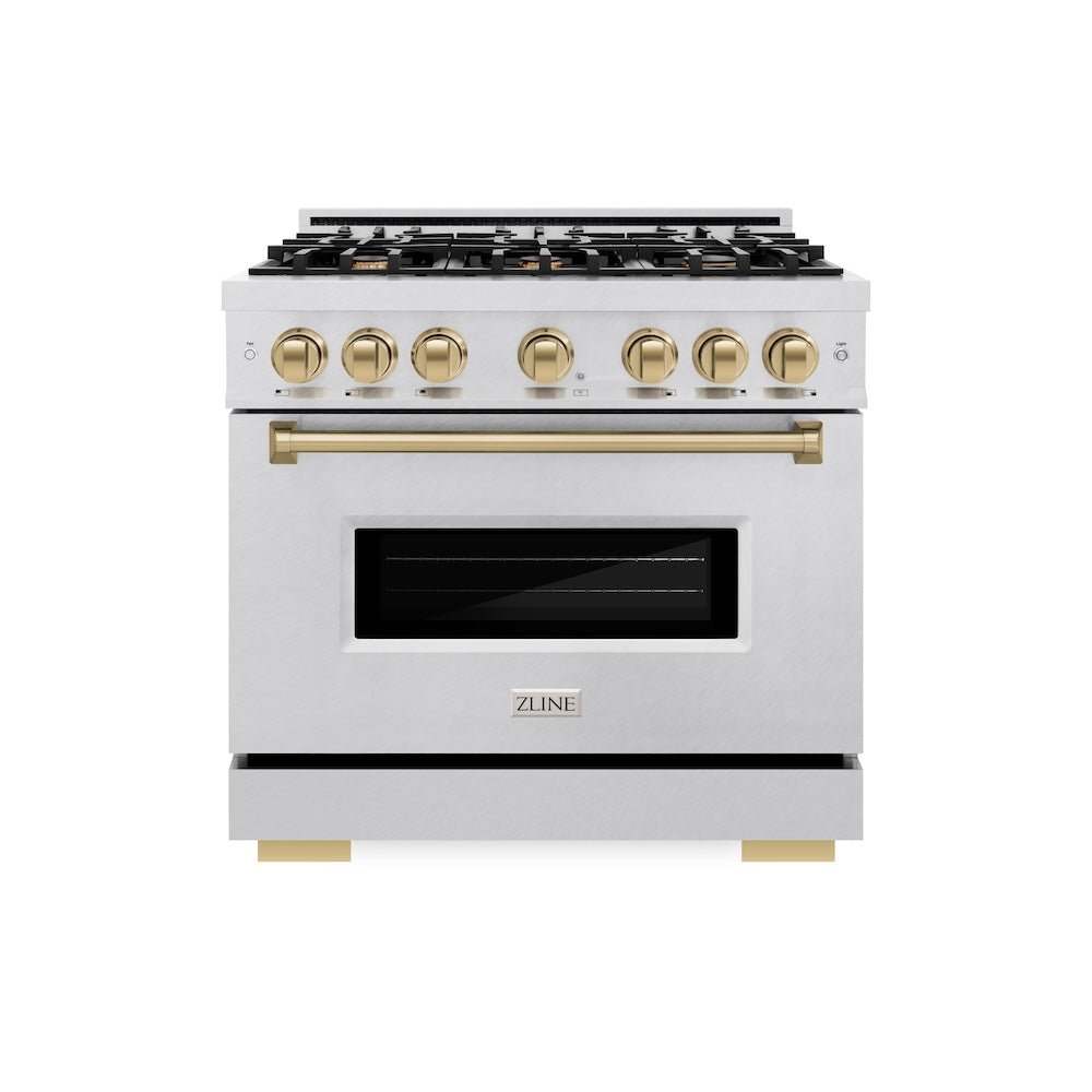 ZLINE Autograph Edition 36 in. 5.2 cu. ft. Classic Dual Fuel Range with 6 Burner Gas Cooktop and Electric Convection Oven in Satin Stainless Steel with Champagne Bronze Accents (CDRSZ-36-CB)