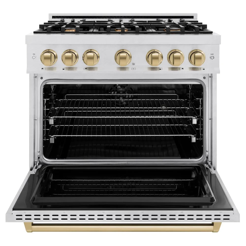 ZLINE Autograph Edition 36 in. 5.2 cu. ft. Classic Dual Fuel Range with 6 Burner Gas Cooktop and Electric Convection Oven in Satin Stainless Steel with Champagne Bronze Accents (CDRSZ-36-CB) front, oven open.