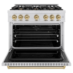 ZLINE Autograph Edition 36 in. 5.2 cu. ft. Classic Dual Fuel Range with 6 Burner Gas Cooktop and Electric Convection Oven in Satin Stainless Steel with Champagne Bronze Accents (CDRSZ-36-CB) front, oven open.