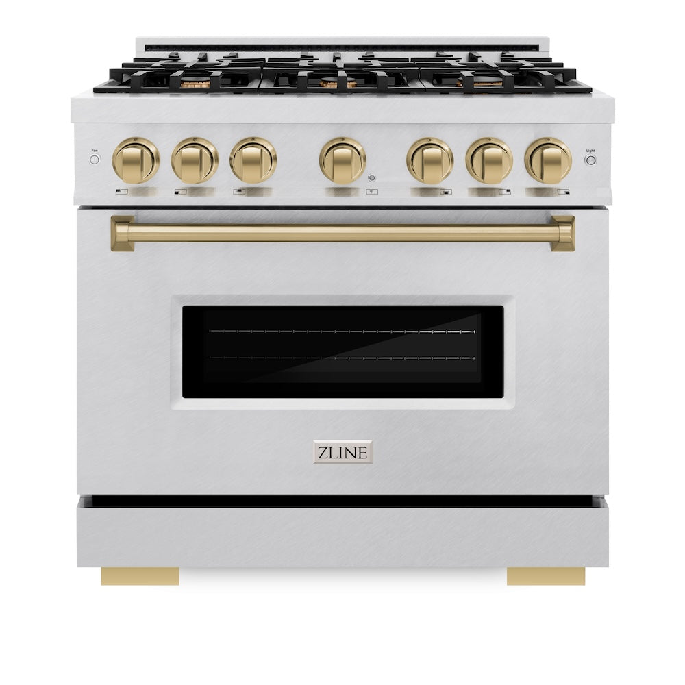 ZLINE Autograph Edition 36 in. 5.2 cu. ft. Classic Dual Fuel Range with 6 Burner Gas Cooktop and Electric Convection Oven in Satin Stainless Steel with Champagne Bronze Accents (CDRSZ-36-CB) front, oven closed.