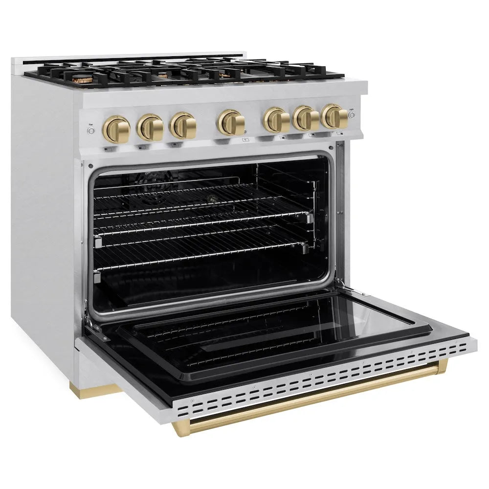 ZLINE Autograph Edition 36 in. 5.2 cu. ft. Classic Dual Fuel Range with 6 Burner Gas Cooktop and Electric Convection Oven in Satin Stainless Steel with Champagne Bronze Accents (CDRSZ-36-CB) side, oven open.