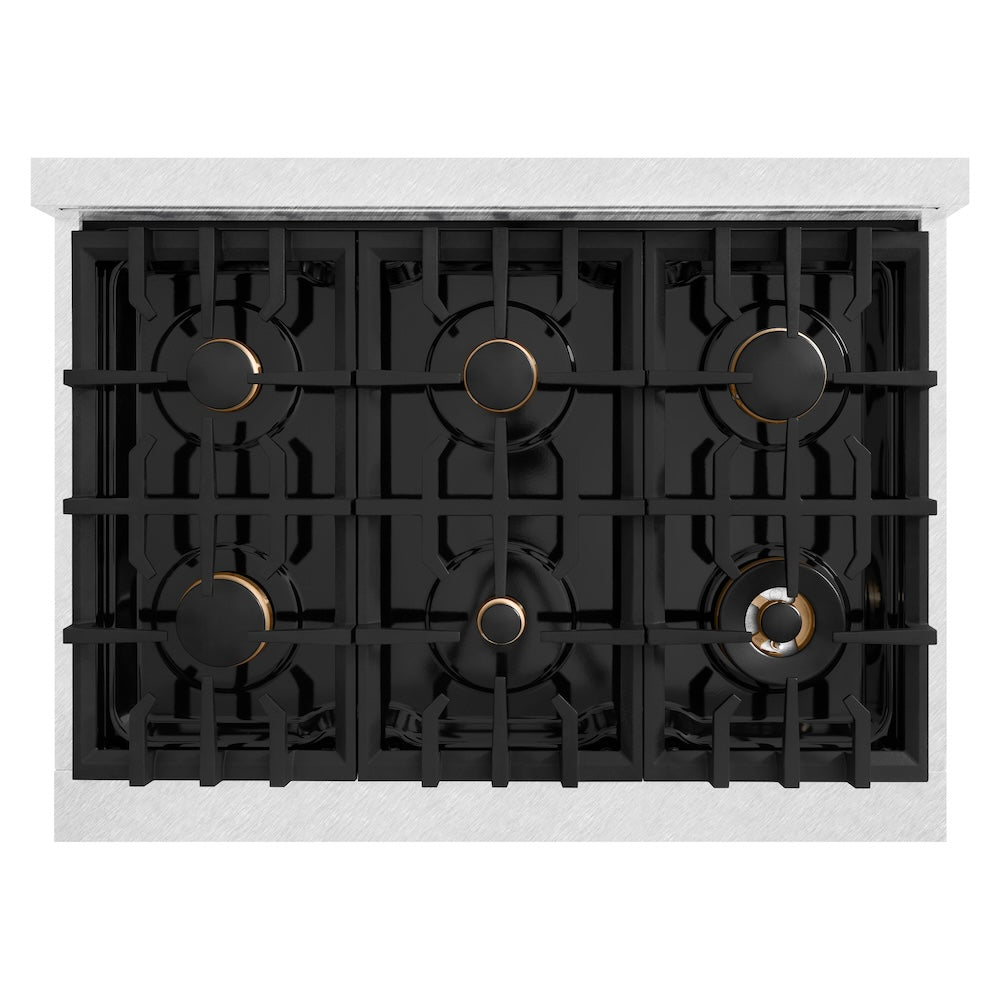 ZLINE Autograph Edition 36 in. 5.2 cu. ft. Classic Dual Fuel Range with 6 Burner Gas Cooktop and Electric Convection Oven in Satin Stainless Steel with Champagne Bronze Accents (CDRSZ-36-CB) top-down, above cooktop.