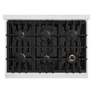 ZLINE Autograph Edition 36 in. 5.2 cu. ft. Classic Dual Fuel Range with 6 Burner Gas Cooktop and Electric Convection Oven in Satin Stainless Steel with Champagne Bronze Accents (CDRSZ-36-CB) top-down, above cooktop.