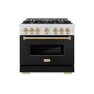 ZLINE Autograph Edition 36 in. 5.2 cu. ft. Classic Dual Fuel Range with 6 Burner Gas Cooktop and Electric Convection Oven in Satin Stainless Steel with Black Matte Door and Champagne Bronze Accents (CDRSZ-BLM-36-CB)