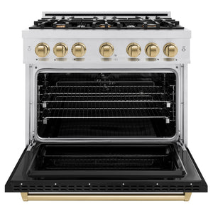 ZLINE Autograph Edition 36 in. 5.2 cu. ft. Classic Dual Fuel Range with 6 Burner Gas Cooktop and Electric Convection Oven in Satin Stainless Steel with Black Matte Door and Champagne Bronze Accents (CDRSZ-BLM-36-CB) front, oven open.