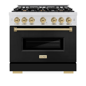 ZLINE Autograph Edition 36 in. 5.2 cu. ft. Classic Dual Fuel Range with 6 Burner Gas Cooktop and Electric Convection Oven in Satin Stainless Steel with Black Matte Door and Champagne Bronze Accents (CDRSZ-BLM-36-CB) front, oven closed.