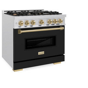 ZLINE Autograph Edition 36 in. 5.2 cu. ft. Classic Dual Fuel Range with 6 Burner Gas Cooktop and Electric Convection Oven in Satin Stainless Steel with Black Matte Door and Champagne Bronze Accents (CDRSZ-BLM-36-CB) side, oven closed.