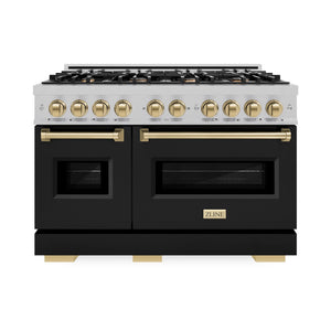 ZLINE Autograph Edition 48 in. 6.7 cu. ft. Classic Double Oven Dual Fuel Range with 8 Burner Gas Cooktop in Satin Stainless Steel with Black Matte Doors and Champagne Bronze Accents (CDRSZ-BLM-48-CB) front.