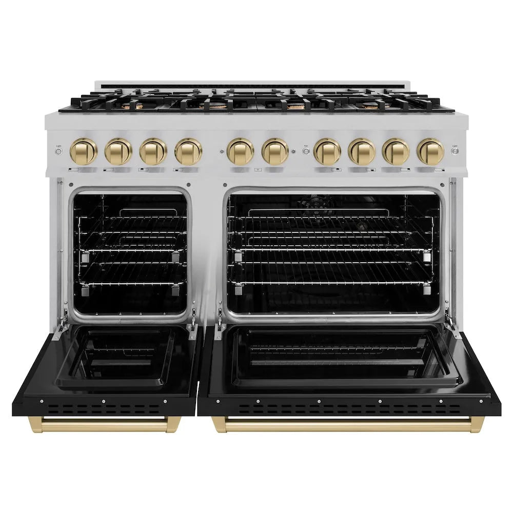 ZLINE Autograph Edition 48 in. 6.7 cu. ft. Classic Double Oven Dual Fuel Range with 8 Burner Gas Cooktop in Satin Stainless Steel with Black Matte Doors and Champagne Bronze Accents (CDRSZ-BLM-48-CB) front, oven open.