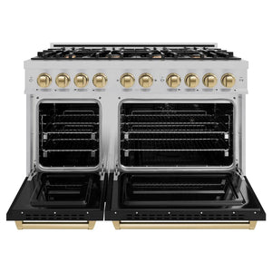 ZLINE Autograph Edition 48 in. 6.7 cu. ft. Classic Double Oven Dual Fuel Range with 8 Burner Gas Cooktop in Satin Stainless Steel with Black Matte Doors and Champagne Bronze Accents (CDRSZ-BLM-48-CB) front, oven open.