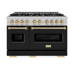 ZLINE Autograph Edition 48 in. 6.7 cu. ft. Classic Double Oven Dual Fuel Range with 8 Burner Gas Cooktop in Satin Stainless Steel with Black Matte Doors and Champagne Bronze Accents (CDRSZ-BLM-48-CB) front, oven closed.