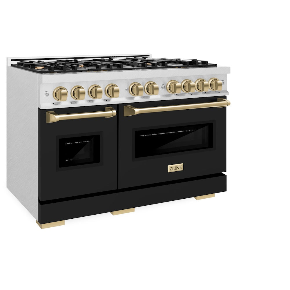 ZLINE Autograph Edition 48 in. 6.7 cu. ft. Classic Double Oven Dual Fuel Range with 8 Burner Gas Cooktop in Satin Stainless Steel with Black Matte Doors and Champagne Bronze Accents (CDRSZ-BLM-48-CB) side, oven closed.