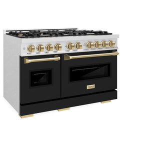 ZLINE Autograph Edition 48 in. 6.7 cu. ft. Classic Double Oven Dual Fuel Range with 8 Burner Gas Cooktop in Satin Stainless Steel with Black Matte Doors and Champagne Bronze Accents (CDRSZ-BLM-48-CB) side, oven closed.